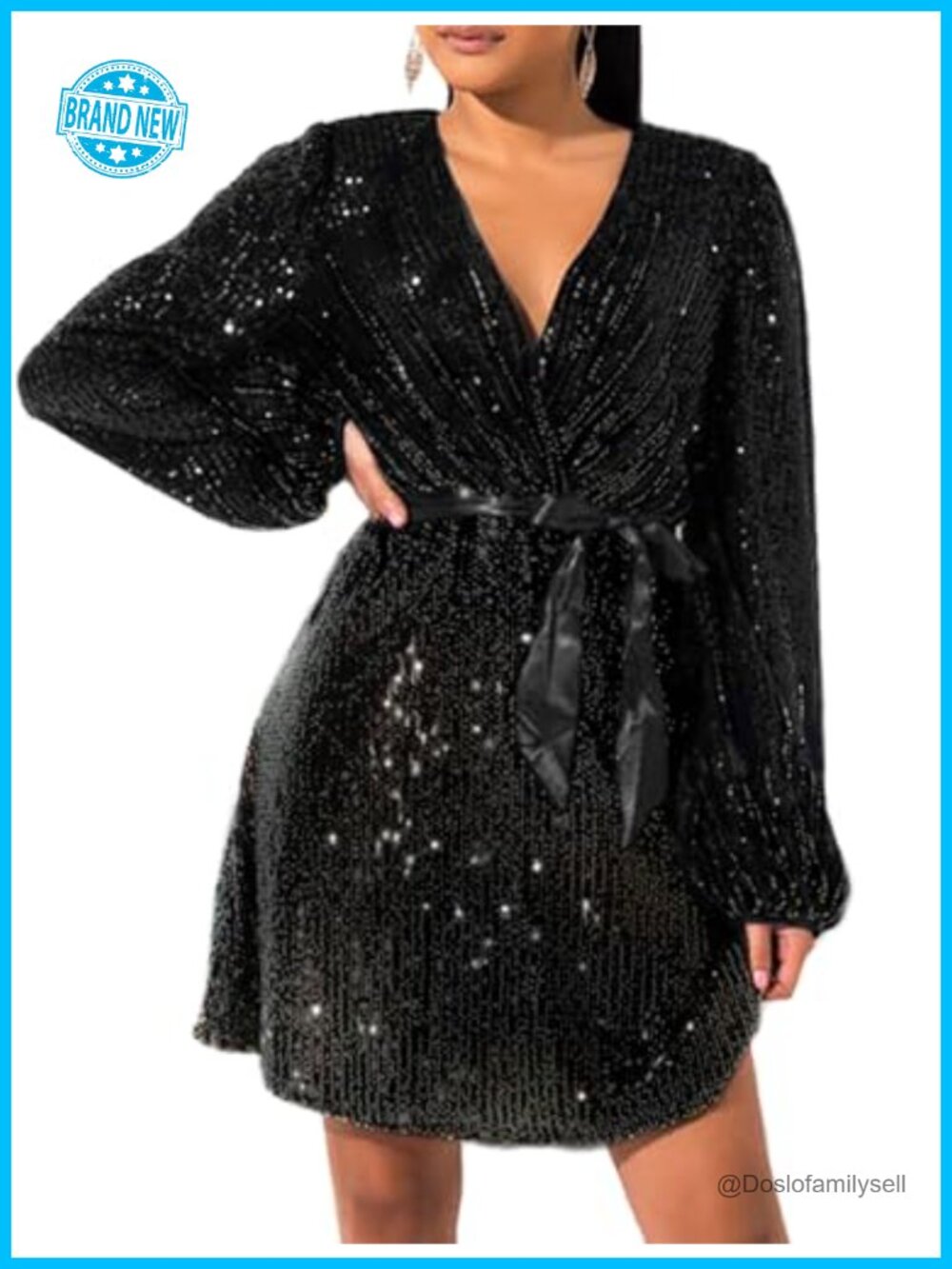 Plus Size Sequin Long Sleeve V Neck Skater Cocktail Evening Dress